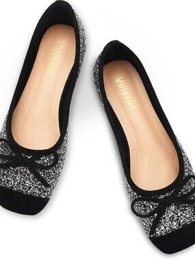 Women Glitter Black Faux Suede Square Toe Slip On Cap Toe Bow Dressy Flat Shoes